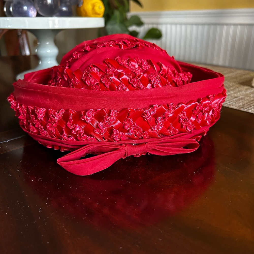 Red Pillbox Hat with Textured Fabric